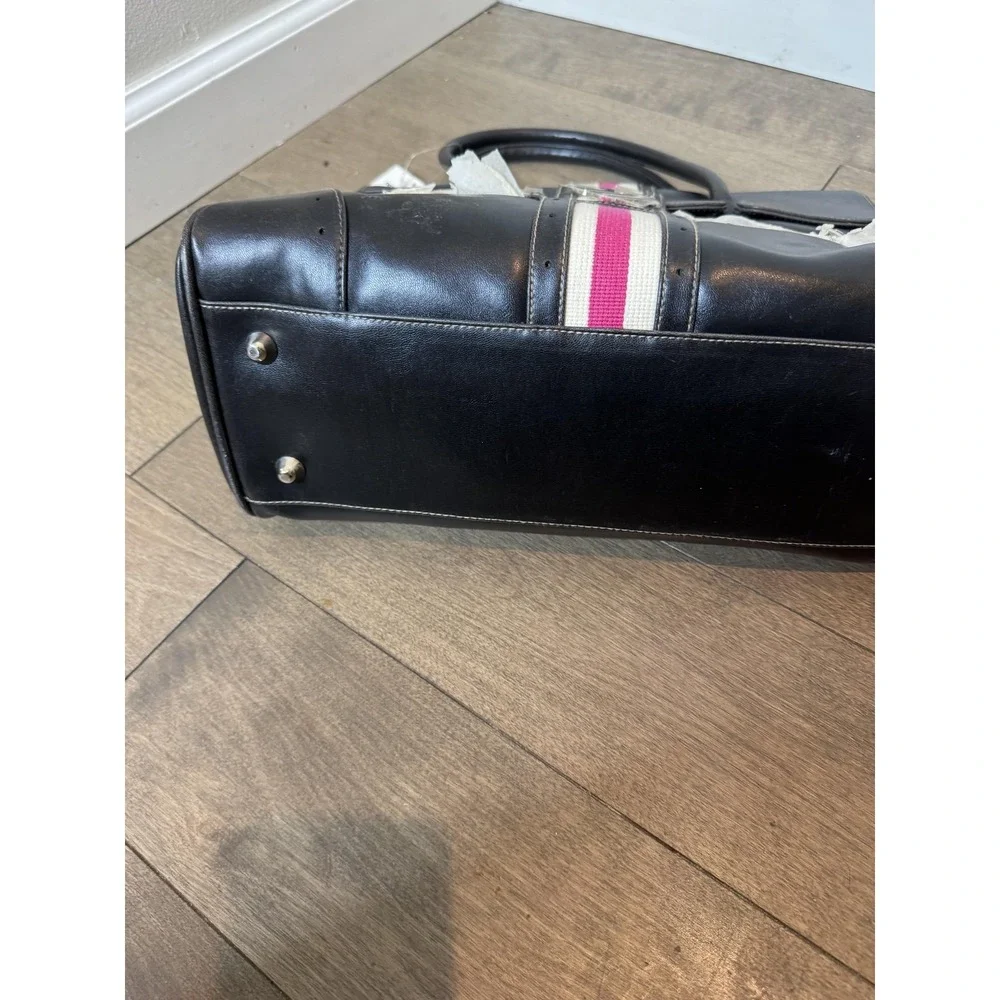 Rocawear Satchel Bag Womens Large Black Faux Leather Stripe Pink Lining Logo Y2K